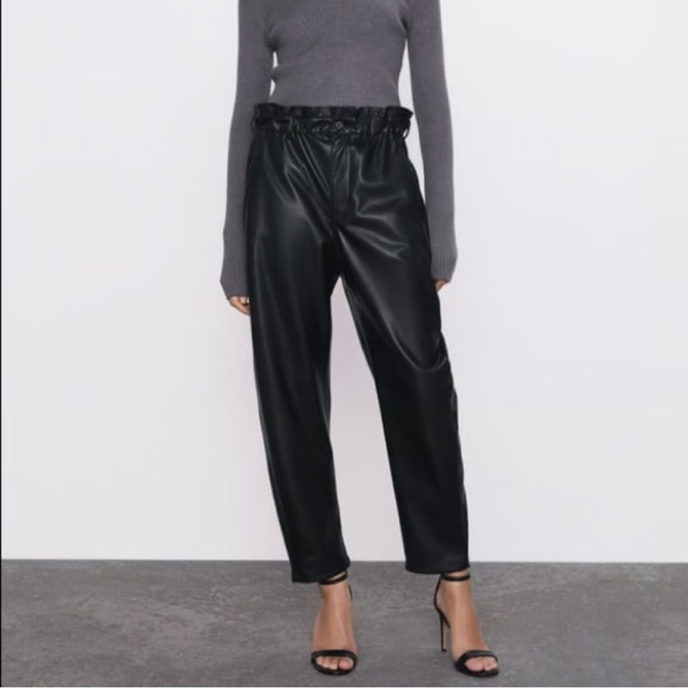 ZARA Black Faux Leather Paperbag Pants